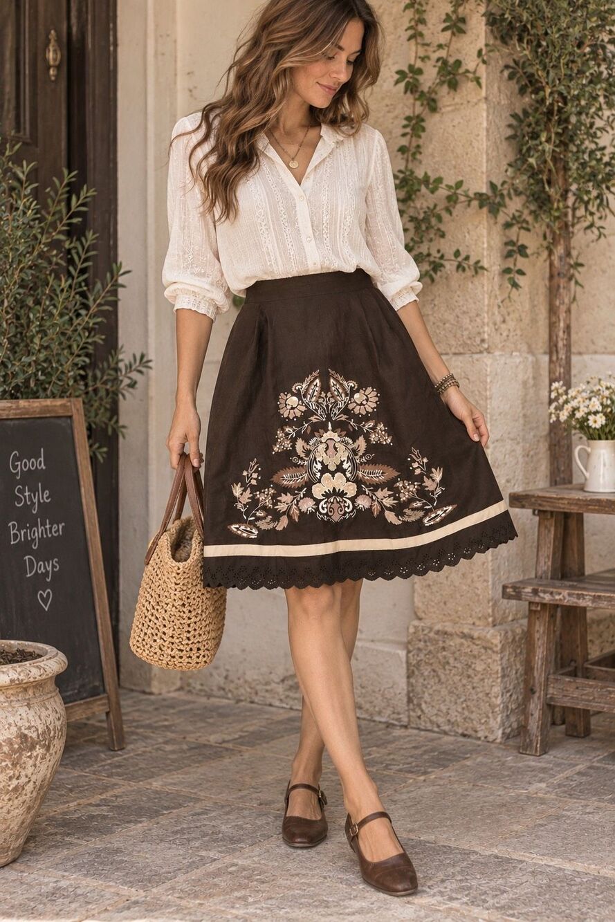 LOFT Embroidered A-Line Skirt Size 10 Brown Linen Floral Folk Boho Y2K